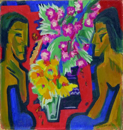 Still Life with Two Wooden Figures and Flowers by Ernst Ludwig Kirchner